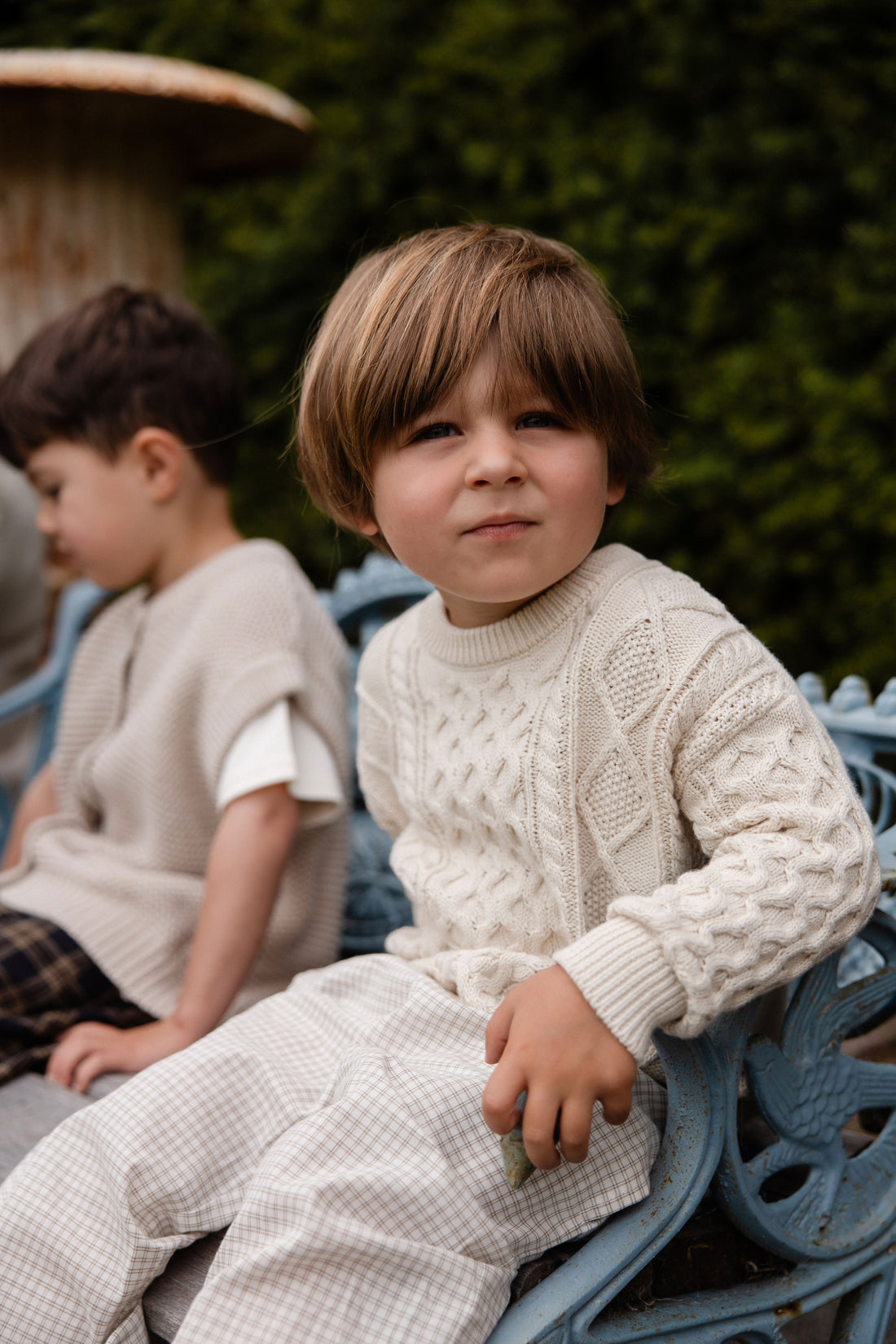 Organic Cotton Kenji Pant-Double Windowpane Check Pecan Childrens Pant from Jamie Kay USA