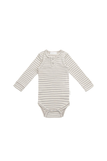 Organic Cotton Modal Long Sleeve Bodysuit - Narrow Stripe Gazelle/Oat Childrens Bodysuit from Jamie Kay USA