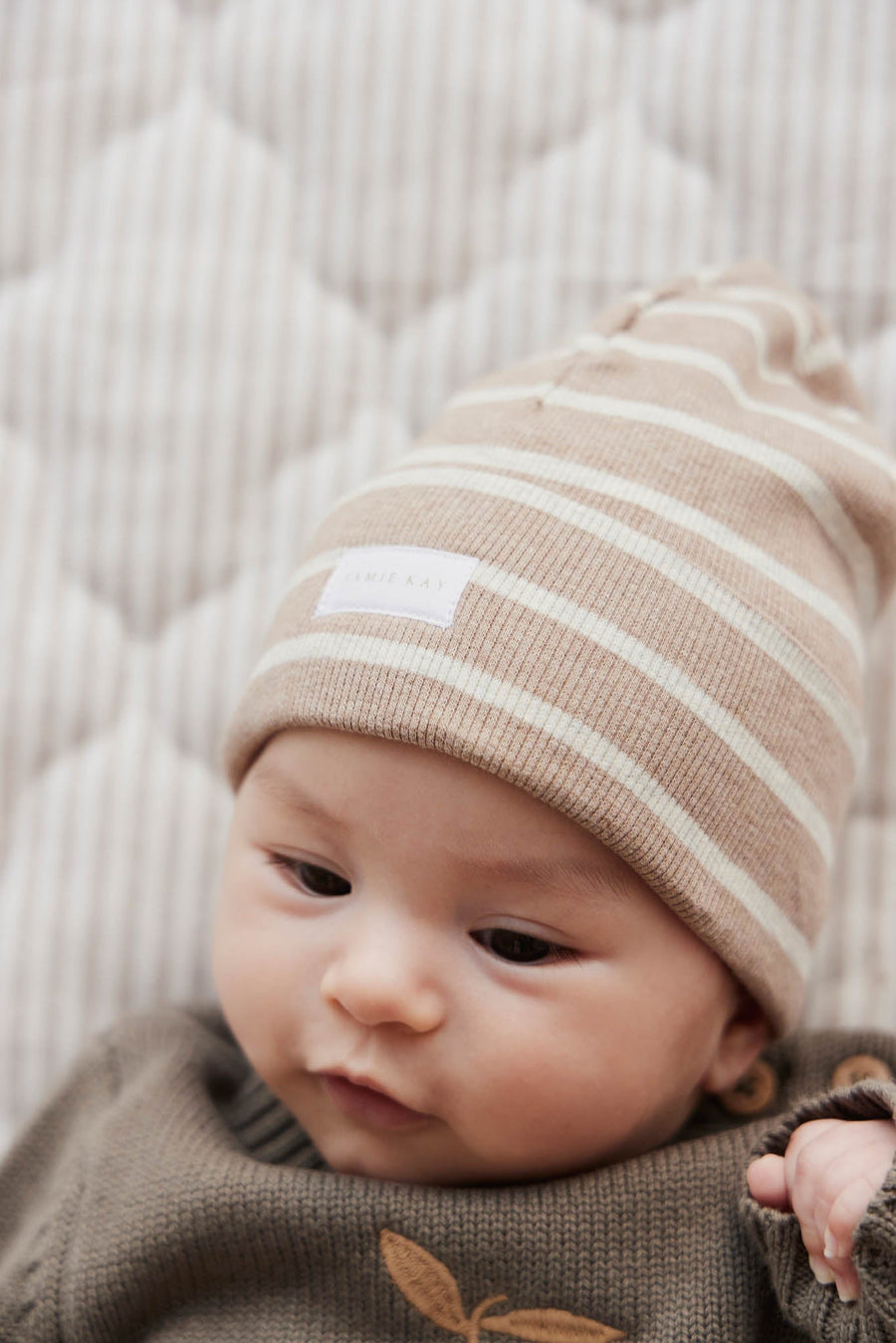 Organic Cotton Fine Rib Beanie - Elias Stripe Sable Marle Childrens Hat from Jamie Kay USA