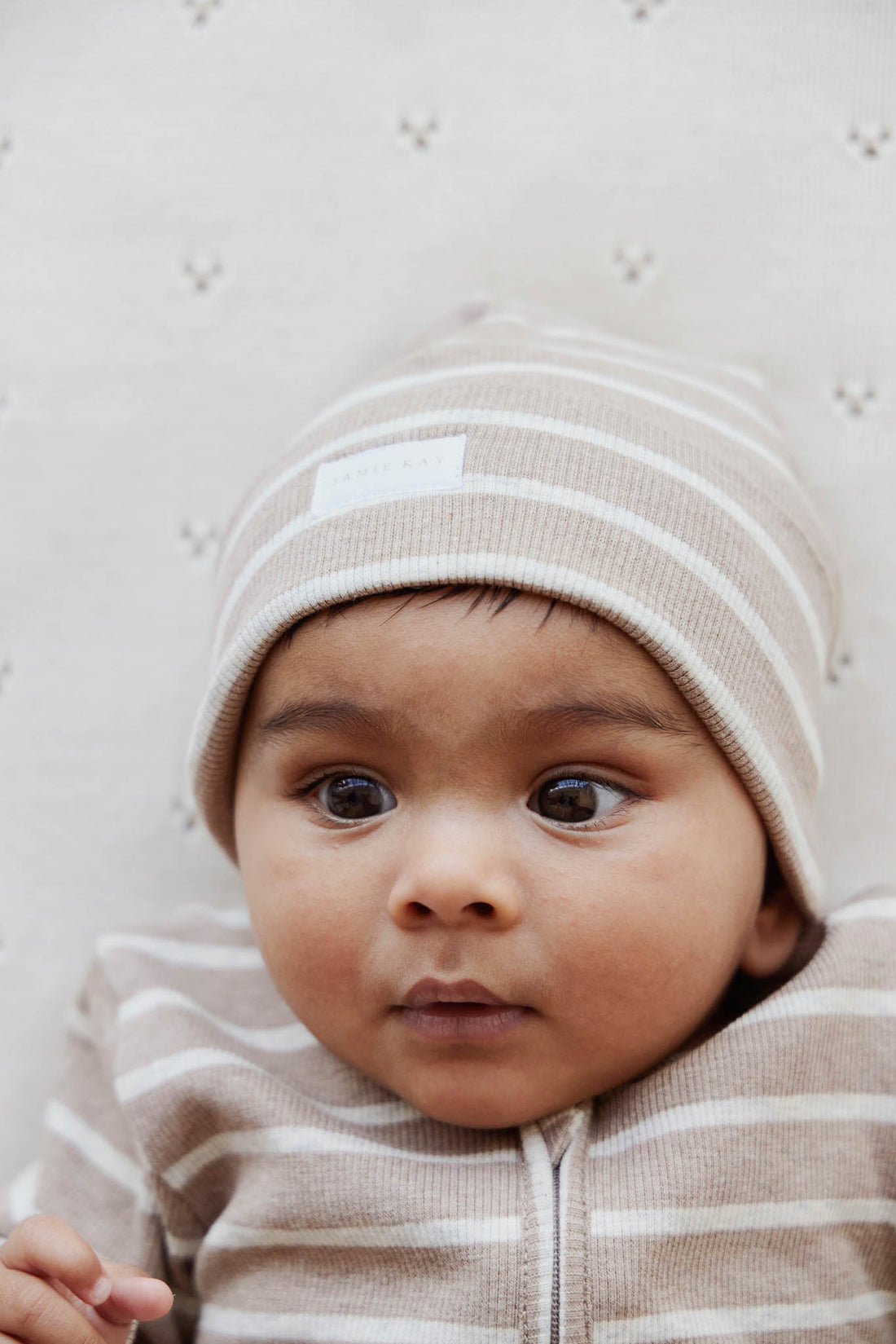 Organic Cotton Fine Rib Beanie - Elias Stripe Sable Marle Childrens Hat from Jamie Kay USA