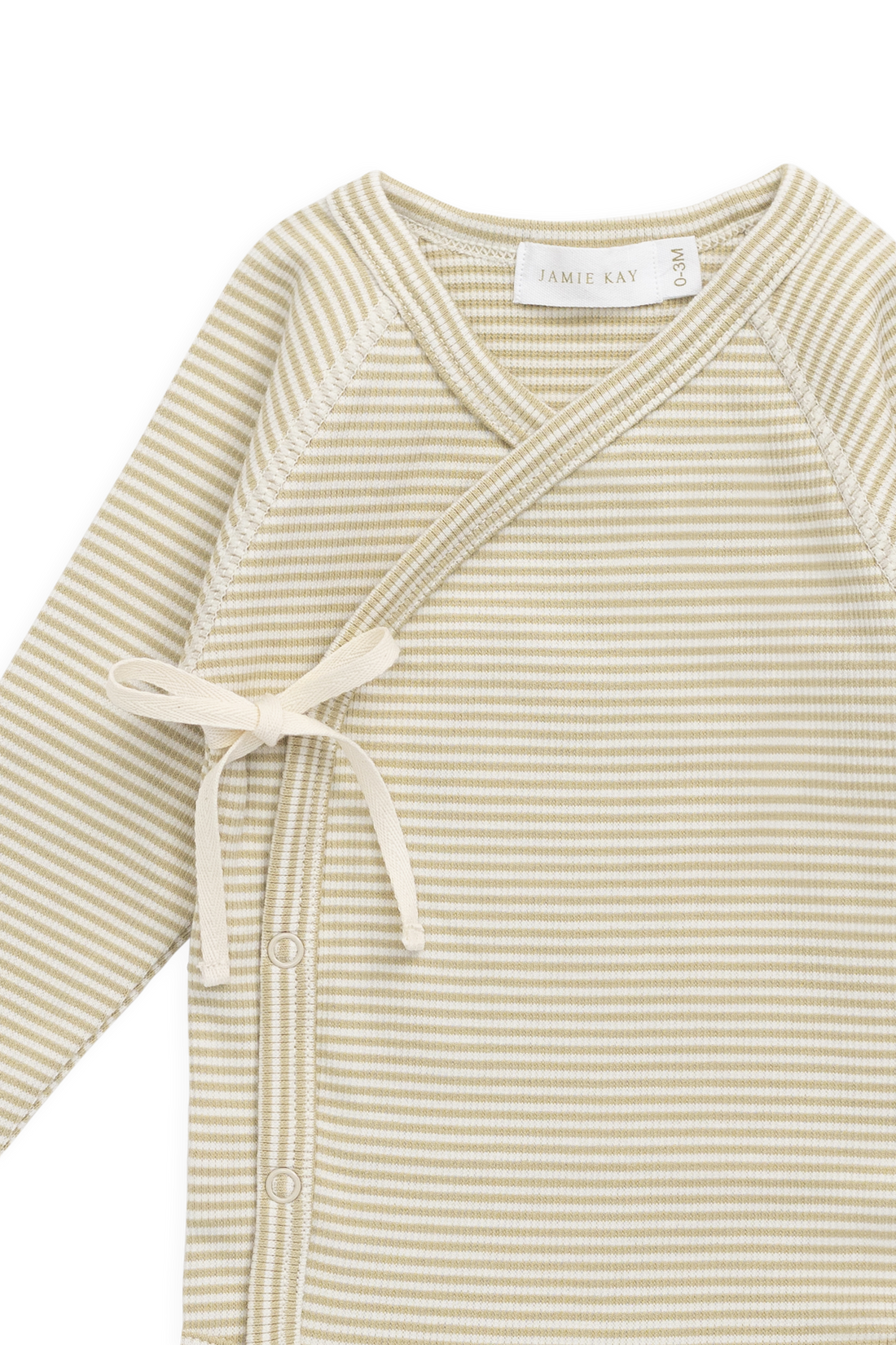 Organic Cotton Fine Rib Micah Long Sleeve Playsuit - Petite Stripe Hay/Cloud Childrens Playsuit from Jamie Kay USA
