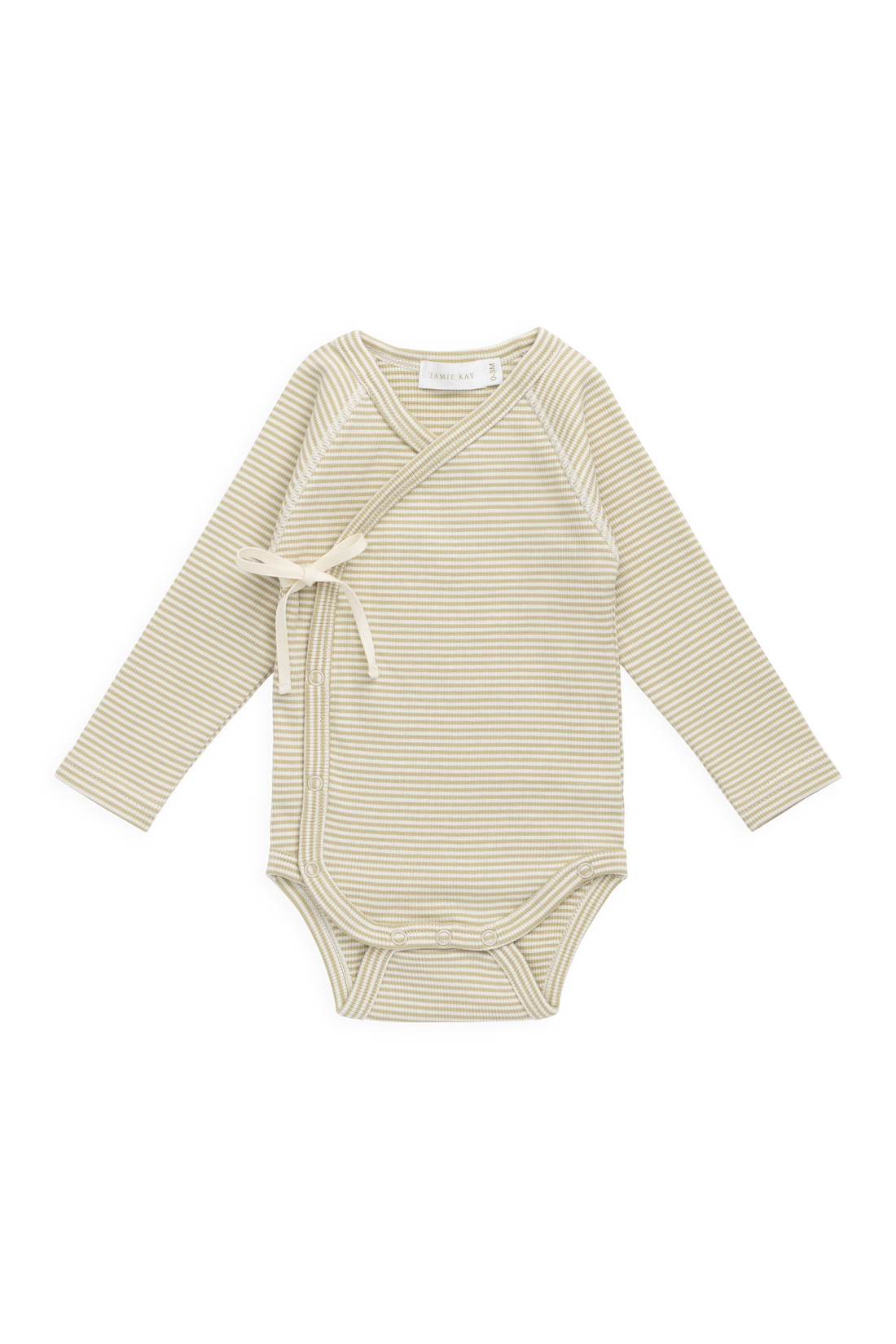 Organic Cotton Fine Rib Micah Long Sleeve Playsuit - Petite Stripe Hay/Cloud Childrens Playsuit from Jamie Kay USA