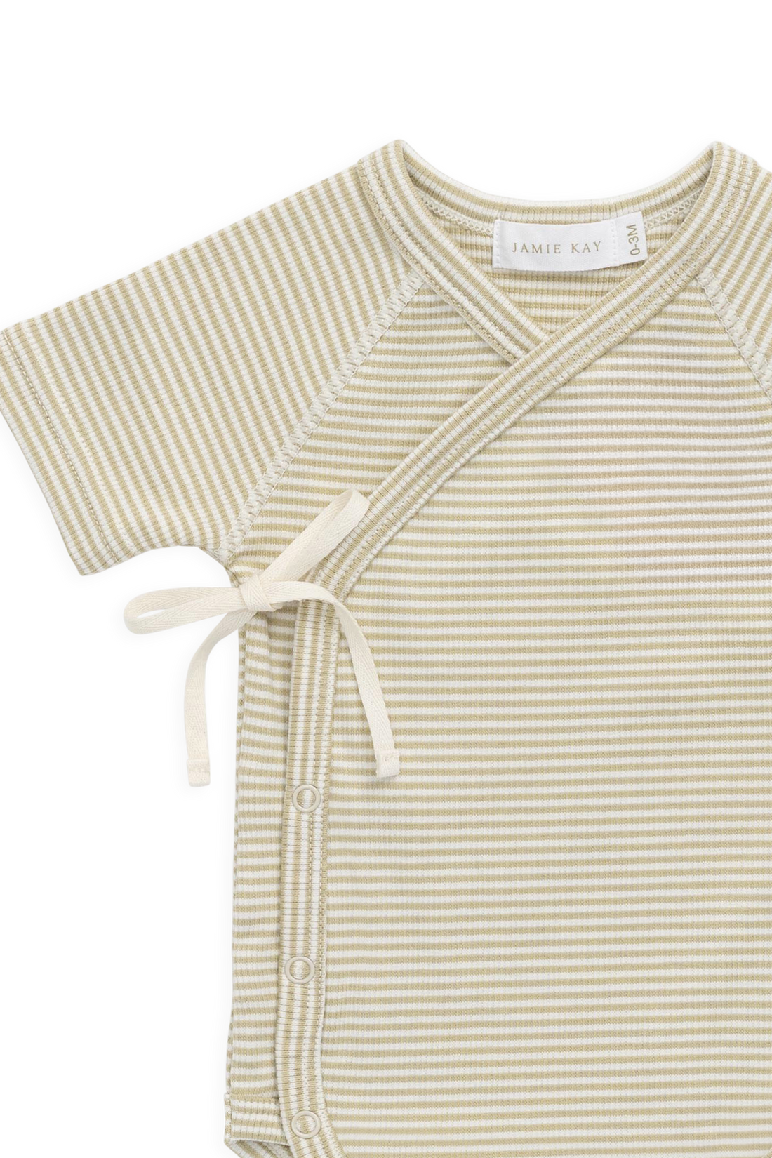 Organic Cotton Fine Rib Micah Short Sleeve Playsuit - Petite Stripe Hay/Cloud Childrens Playsuit from Jamie Kay USA