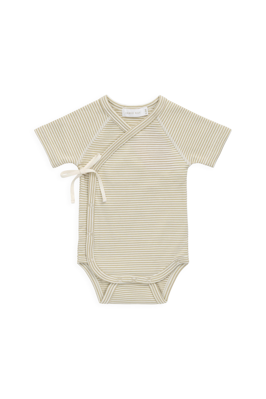 Organic Cotton Fine Rib Micah Short Sleeve Playsuit - Petite Stripe Hay/Cloud Childrens Playsuit from Jamie Kay USA