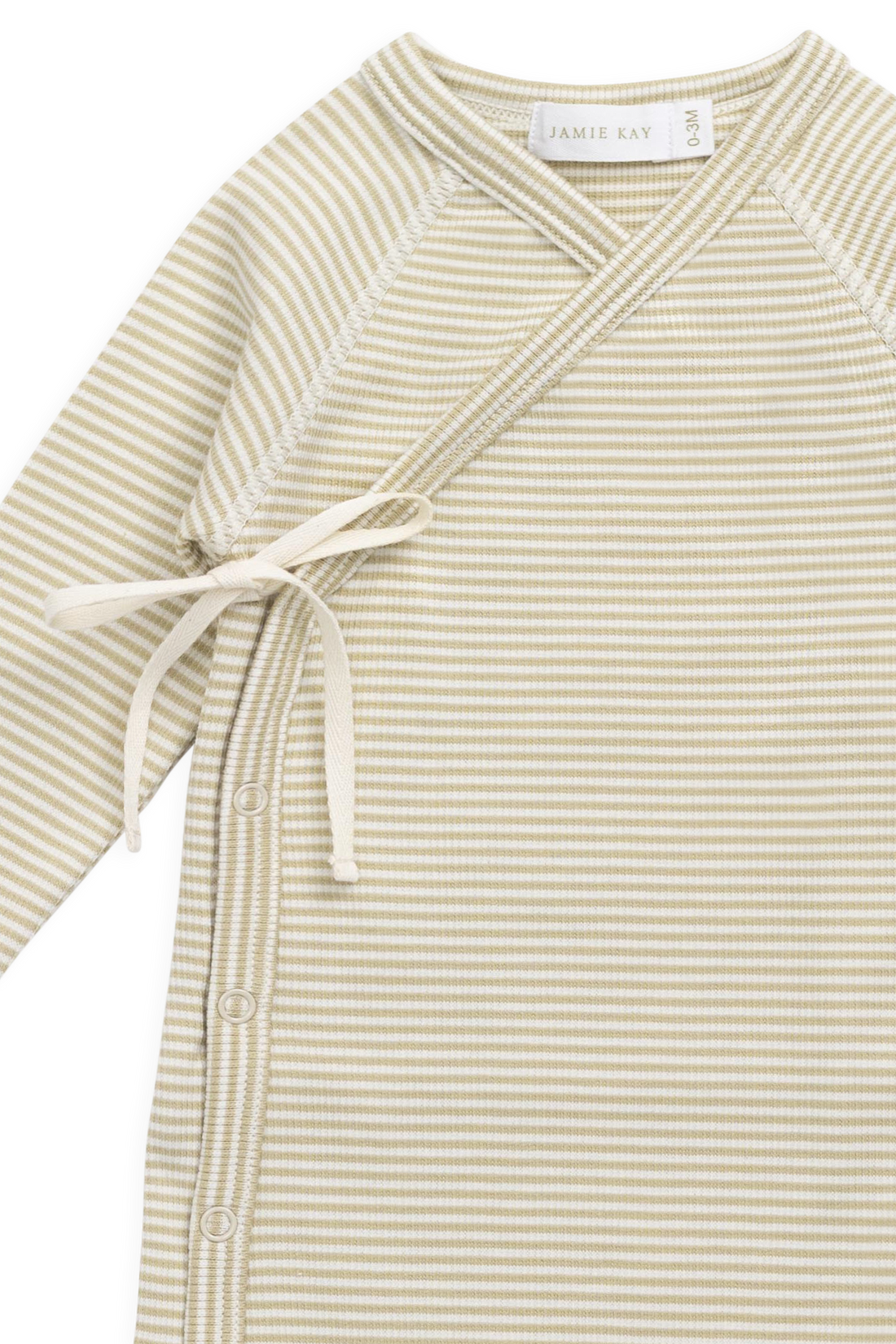Organic Cotton Fine Rib Micah Wrap Onepiece - Petite Stripe Hay/Cloud Childrens Onepiece from Jamie Kay USA