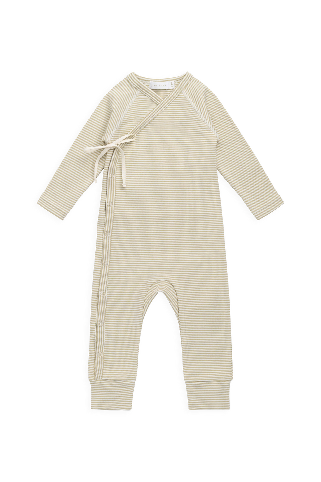 Organic Cotton Fine Rib Micah Wrap Onepiece - Petite Stripe Hay/Cloud Childrens Onepiece from Jamie Kay USA