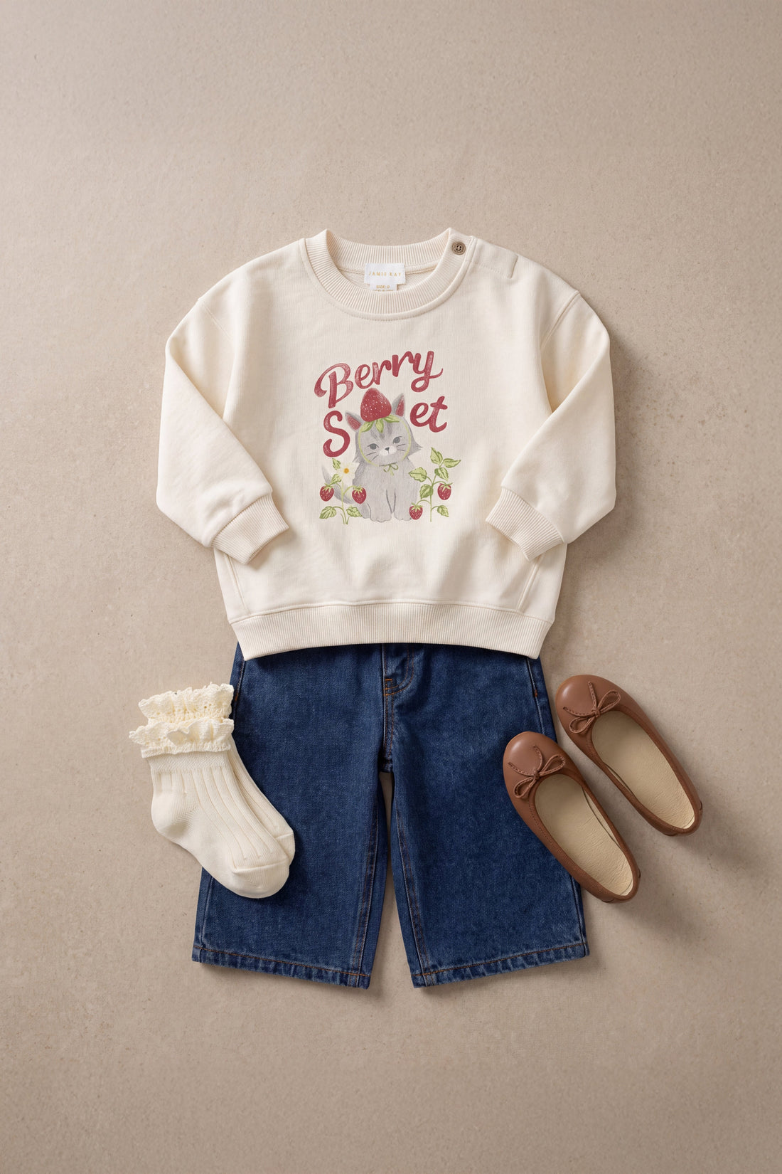 Organic Cotton Rhea Sweatshirt - Berry Cat Egret Childrens Sweatshirt from Jamie Kay USA