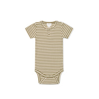 Organic Cotton Modal Darcy Rib Tee Bodysuit - Narrow Stripe Oak/Soft Clay Childrens Bodysuit from Jamie Kay USA