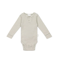 Organic Cotton Modal Long Sleeve Bodysuit - Narrow Stripe Moss/Cloud Childrens Bodysuit from Jamie Kay USA