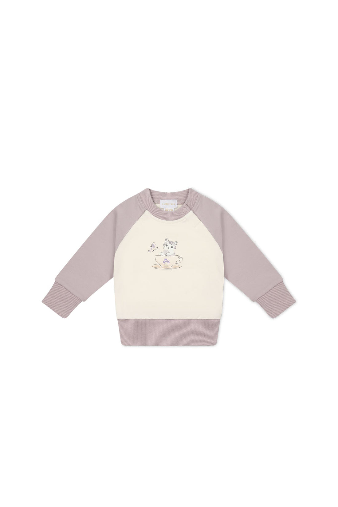 Organic Cotton Tao Sweatshirt - Parchment Kitty Teacup Lilac Childrens Top from Jamie Kay USA