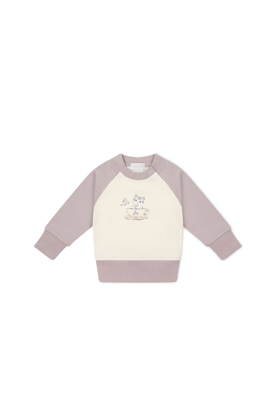 Organic Cotton Tao Sweatshirt - Parchment Kitty Teacup Lilac Childrens Top from Jamie Kay USA