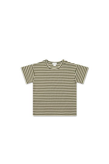 Pima Cotton Hunter Tee - Narrow Stripe Deep Olive/Soft Clay Childrens Top from Jamie Kay USA