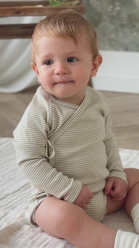 Organic Cotton Fine Rib Micah Short Sleeve Playsuit - Petite Stripe Hay/Cloud Childrens Playsuit from Jamie Kay USA