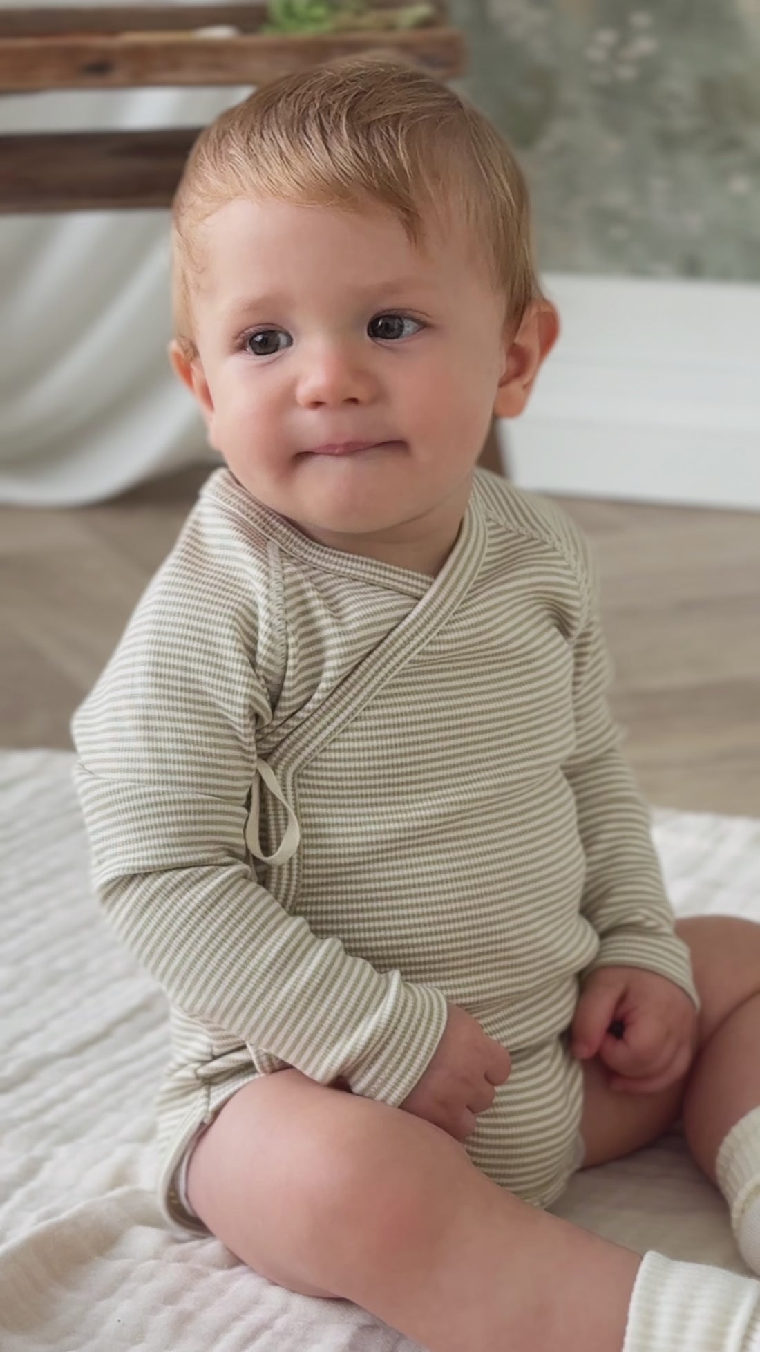 Organic Cotton Fine Rib Micah Wrap Onepiece - Petite Stripe Hay/Cloud Childrens Onepiece from Jamie Kay USA