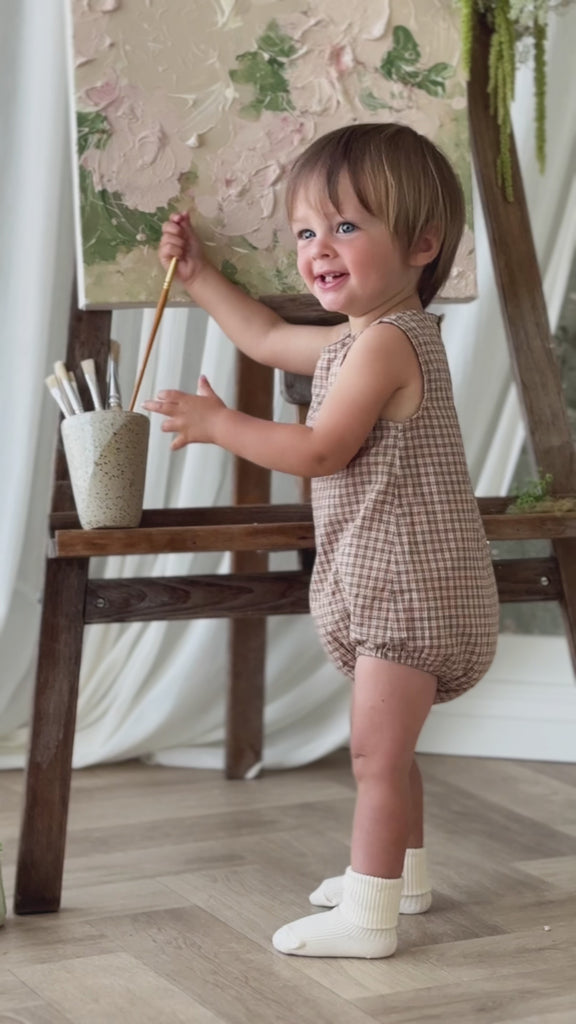 Organic Cotton Bentley Playsuit - Cabin Check Cocoa Childrens Playsuit from Jamie Kay USA