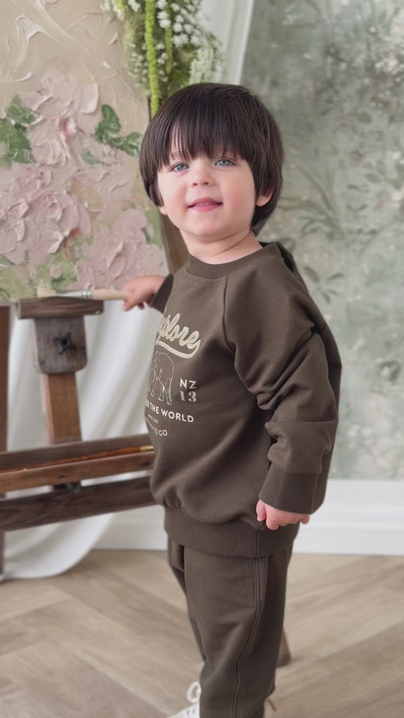 Organic Cotton Duncan Sweatshirt - Deep Olive Elephant Explore Childrens Sweatshirt from Jamie Kay USA