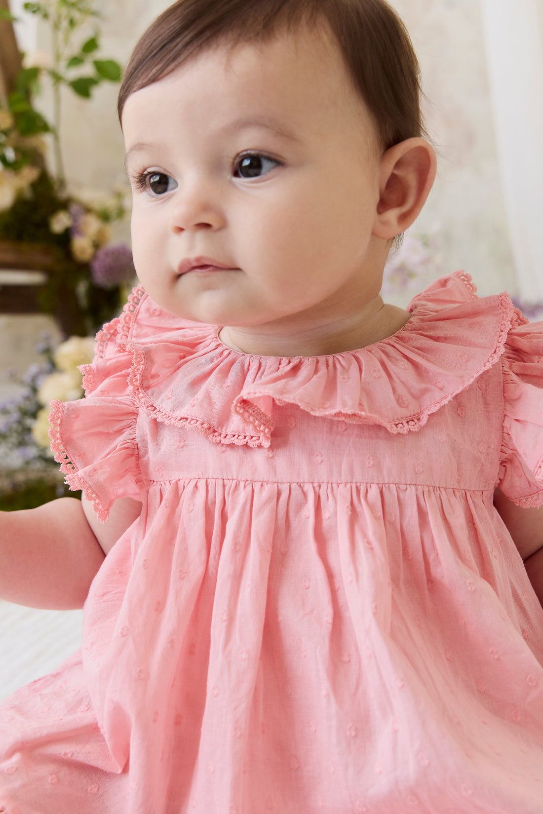 Organic Cotton Frannie Playsuit - Swiss Pink Childrens Playsuit from Jamie Kay USA
