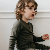 Organic Cotton Modal Elastane Long Sleeve Henley - Olive - Childrens Top from Jamie Kay