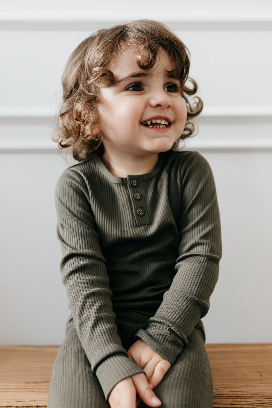 Organic Cotton Modal Elastane Long Sleeve Henley - Olive - Childrens Top from Jamie Kay
