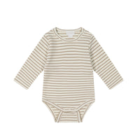Pima Cotton Fernley Long Sleeve Bodysuit - Tofu/Woodsmoke Stripe Childrens Bodysuit from Jamie Kay USA