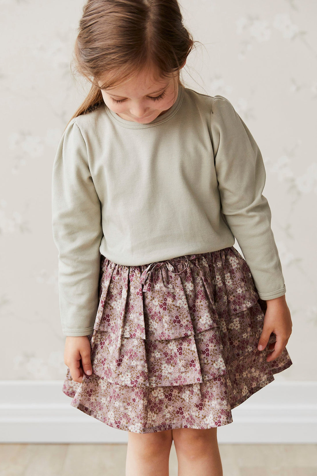 Organic Cotton Abbie Skirt - Pansy Floral Fawn Childrens Skirt from Jamie Kay USA