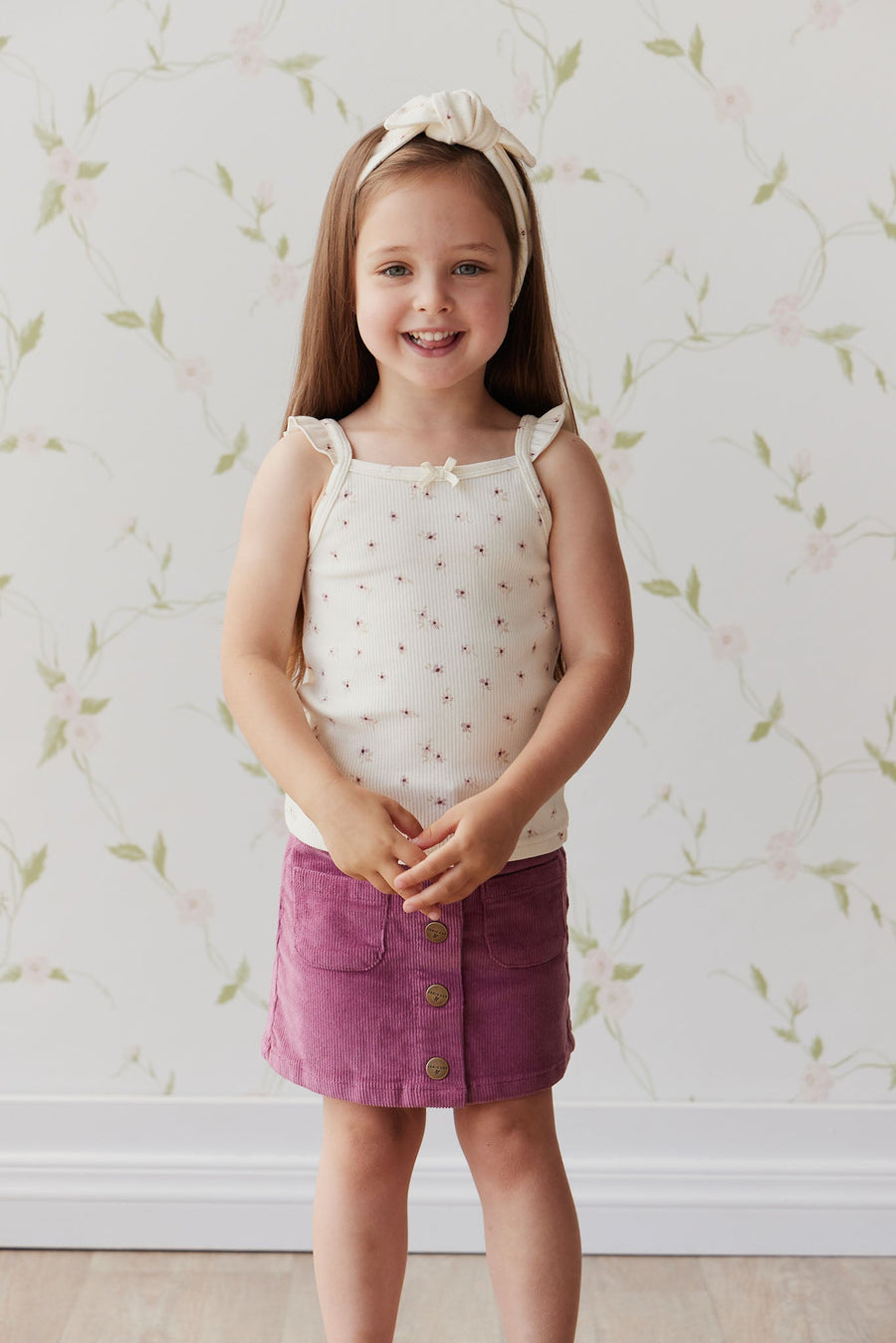 Organic Cotton Fine Rib Tegan Top - Simple Flowers Egret Childrens Singlet from Jamie Kay USA