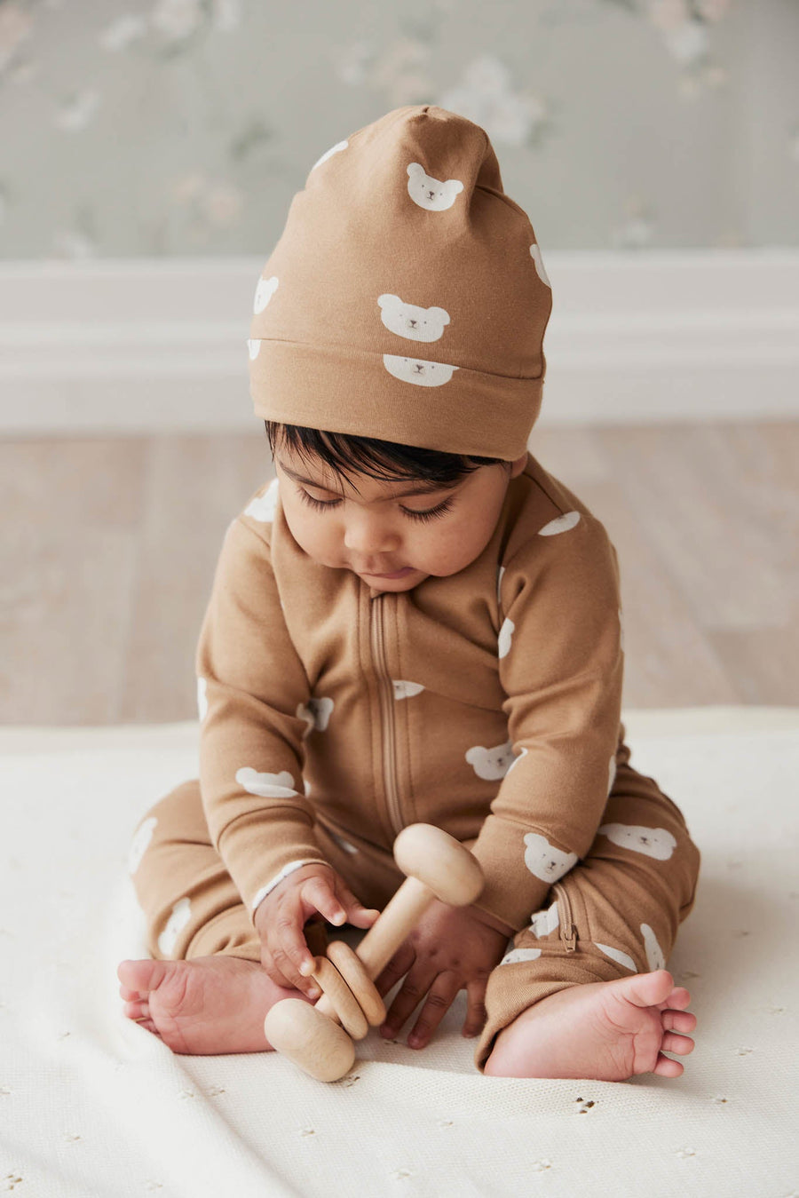 Organic Cotton Reese Beanie - Bears Caramel Cream Childrens Hat from Jamie Kay USA