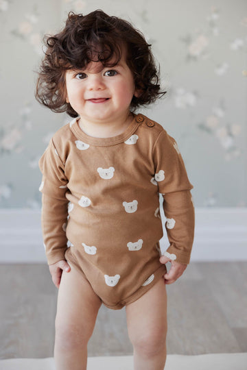 Organic Cotton Fernley Long Sleeve Bodysuit - Bears Caramel Cream Childrens Bodysuit from Jamie Kay USA