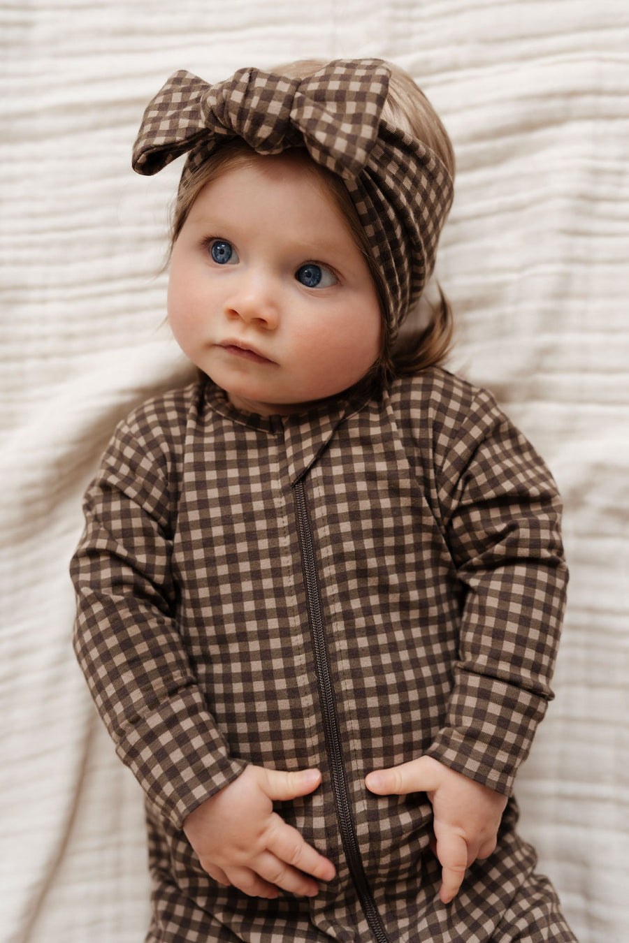 Organic Cotton Reese Zip Onepiece - Gingham Shiitake Childrens Onepiece from Jamie Kay USA